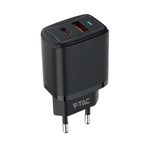 V-TAC PD és QC hálózati töltő, USB-A és Type-C csatlakozóval, fekete - 23581