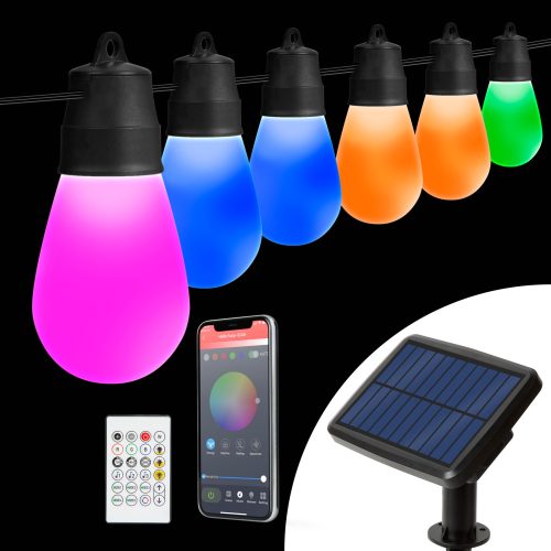 Smart szolár fényfüzér, 30 darab RGB LED körte, bluetoothos kapcsolat, 13 méter