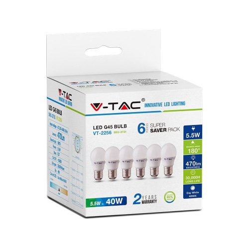 V-TAC LED lámpa izzó 5.5W E27 6400K - 6 db/csomag - 2732