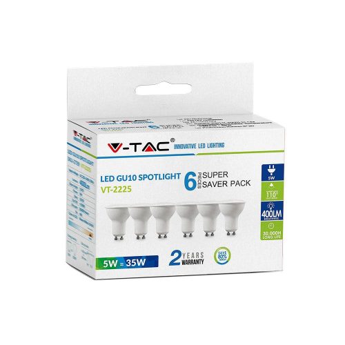 V-TAC SPOT LED lámpa izzó 5W GU10, meleg fehér - 6 db/csomag - 2739